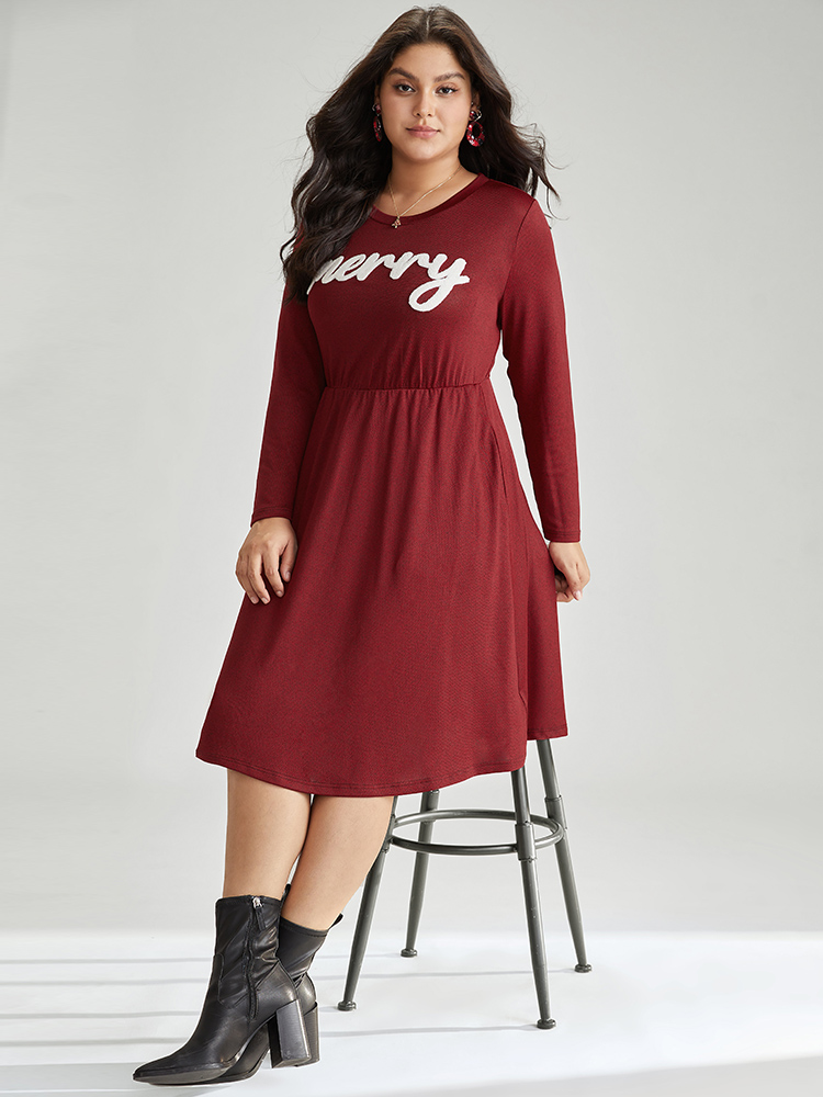 

Plus Size Christmas Letter Embroidered Pocket Elastic Waist Dress Scarlet Women Embroidered Round Neck Long Sleeve Curvy Midi Dress BloomChic