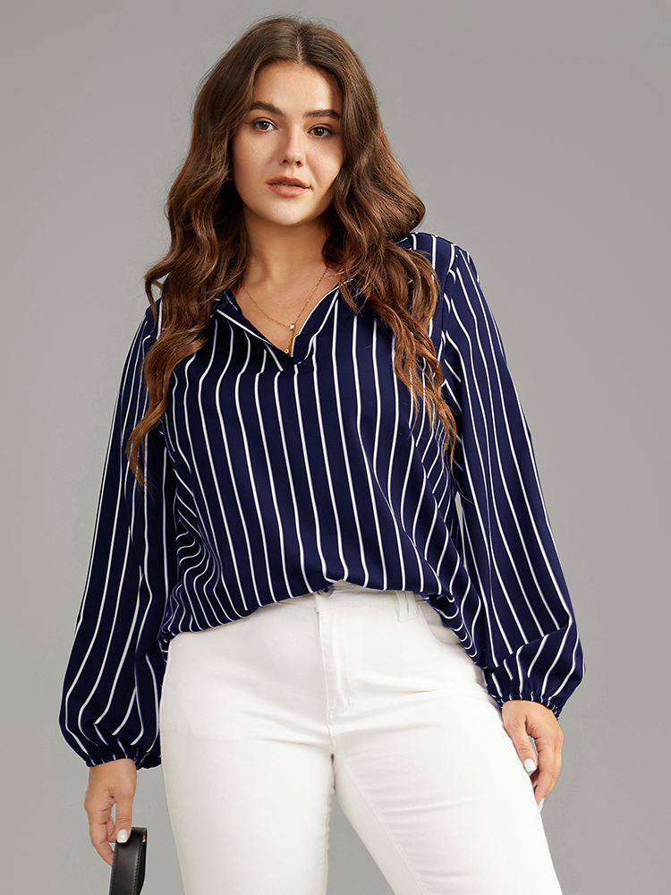 

Plus Size Indigo Striped Shirt Collar Lantern Sleeve Blouse Women Office Long Sleeve Shirt collar Work Blouses BloomChic