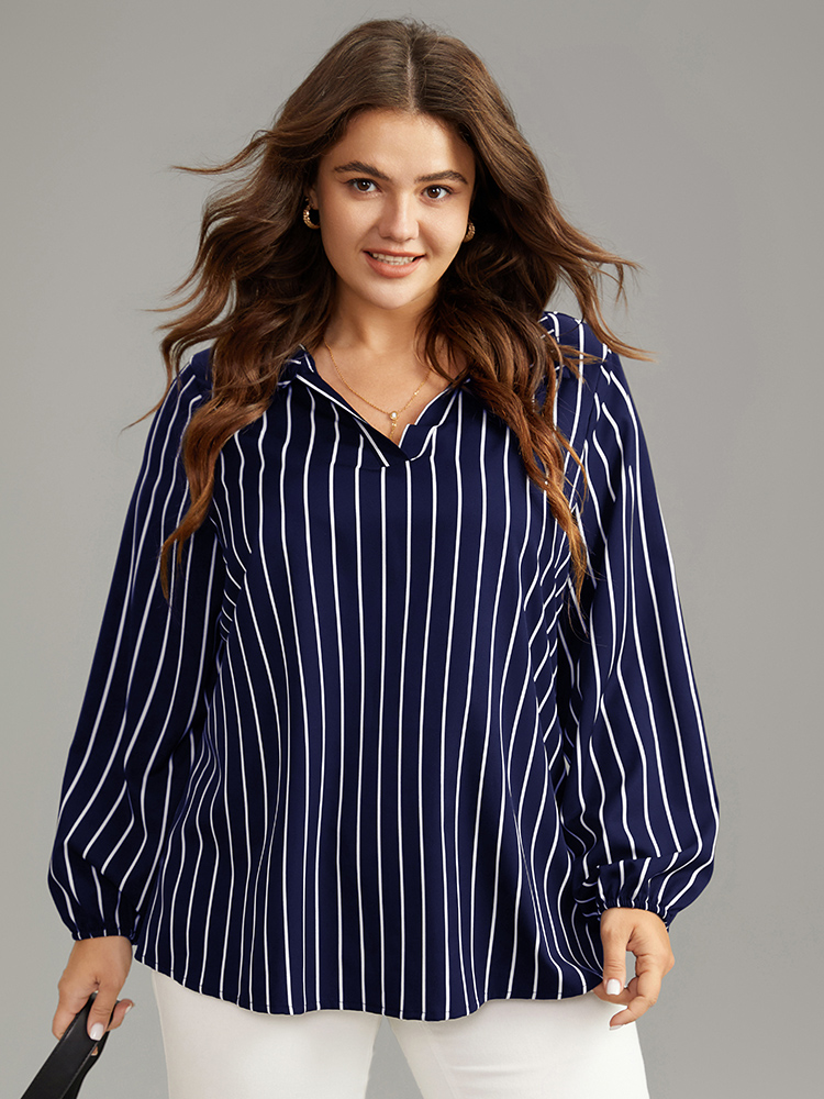 Plus Size Indigo Striped Shirt Collar Lantern Sleeve Blouse Women Office Long Sleeve Shirt collar Work Blouses BloomChic 26/4X 
