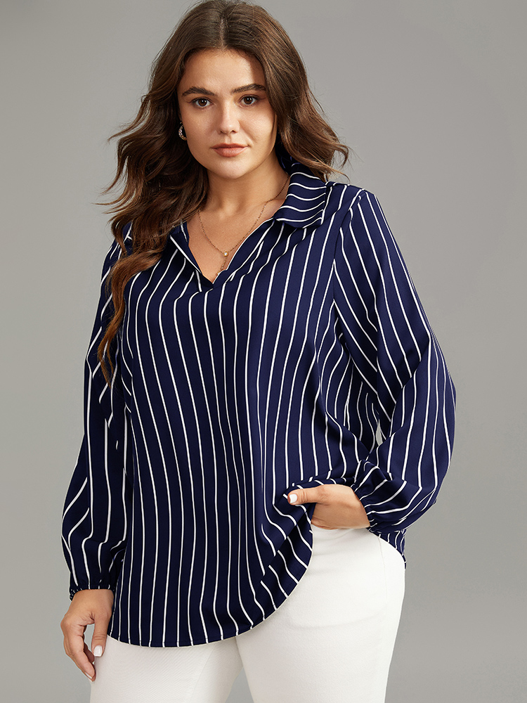 Plus Size Indigo Striped Shirt Collar Lantern Sleeve Blouse Women Office Long Sleeve Shirt collar Work Blouses BloomChic 26/4X 