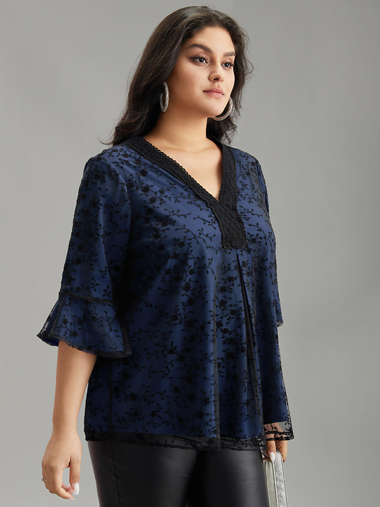 

Plus Size DarkBlue Crochet Lace Mesh Bell Sleeve Blouse Women Cocktail Elbow-length sleeve V-neck Party Blouses BloomChic