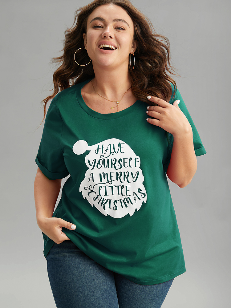 

Plus Size Christmas Print Round Neck Roll Sleeve T-shirt DarkGreen Women Casual Printed Christmas Round Neck Festival-Christmas T-shirts BloomChic