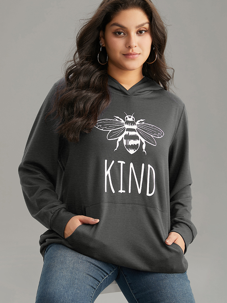 

Plus Size Bee Print Hooded Kangaroo Pocket Sweatshirt Women DarkGray Casual Printed Hooded Everyday Sweatshirts BloomChic