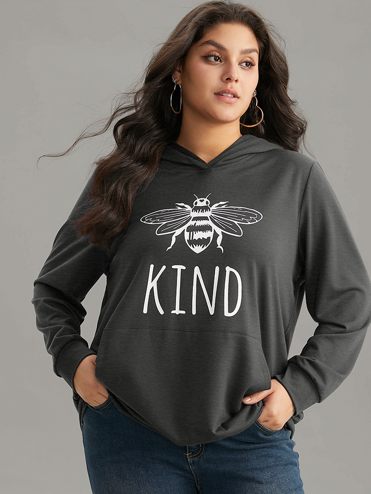 Plus Size Bee Print Hooded Kangaroo Pocket Sweatshirt Women DarkGray Casual Printed Hooded Everyday Sweatshirts BloomChic 10/M 
