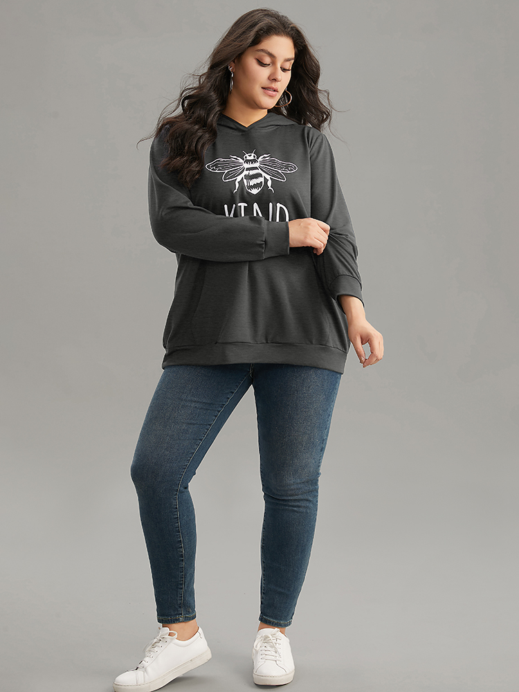 Plus Size Bee Print Hooded Kangaroo Pocket Sweatshirt Women DarkGray Casual Printed Hooded Everyday Sweatshirts BloomChic 10/M 