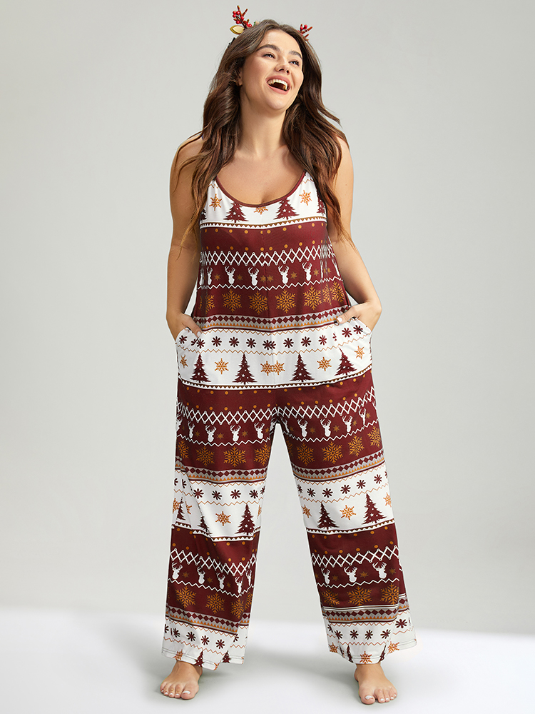 

Plus Size Christmas Print Pocket Cami Sleep Jumpsuit Red Pocket Printed Festival-Christmas Casual Sleep Jumpsuits/Rompers  Bloomchic