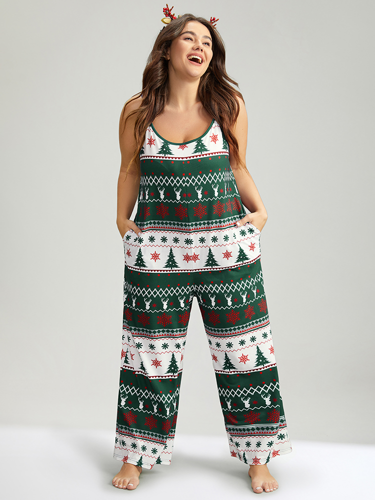 

Plus Size Christmas Print Pocket Cami Sleep Jumpsuit Green Pocket Printed Festival-Christmas Casual Sleep Jumpsuits/Rompers  Bloomchic