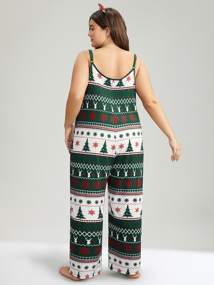 

Plus Size Christmas Print Pocket Cami Sleep Jumpsuit Green Pocket Printed Festival-Christmas Casual Sleep Jumpsuits/Rompers  Bloomchic