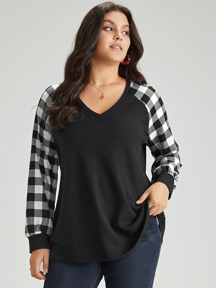 

Plus Size Waffle Knit Plaid Patchwork Raglan Sleeve T-shirt BlackFlower Women Casual Waffle Knit Plaid V-neck Festival-Christmas T-shirts BloomChic