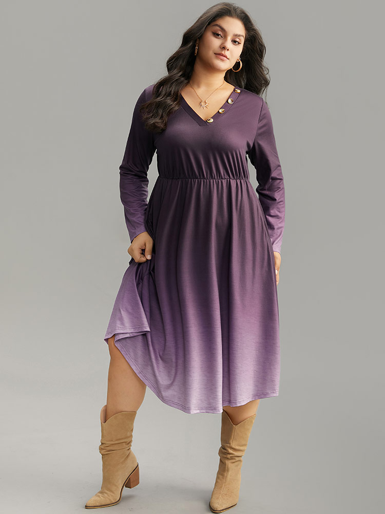 

Plus Size Tie Dye Button Detail Pocket Elastic Waist Dress Purple Women Casual Tie Dye V-neck Long Sleeve Curvy Midi Dress BloomChic