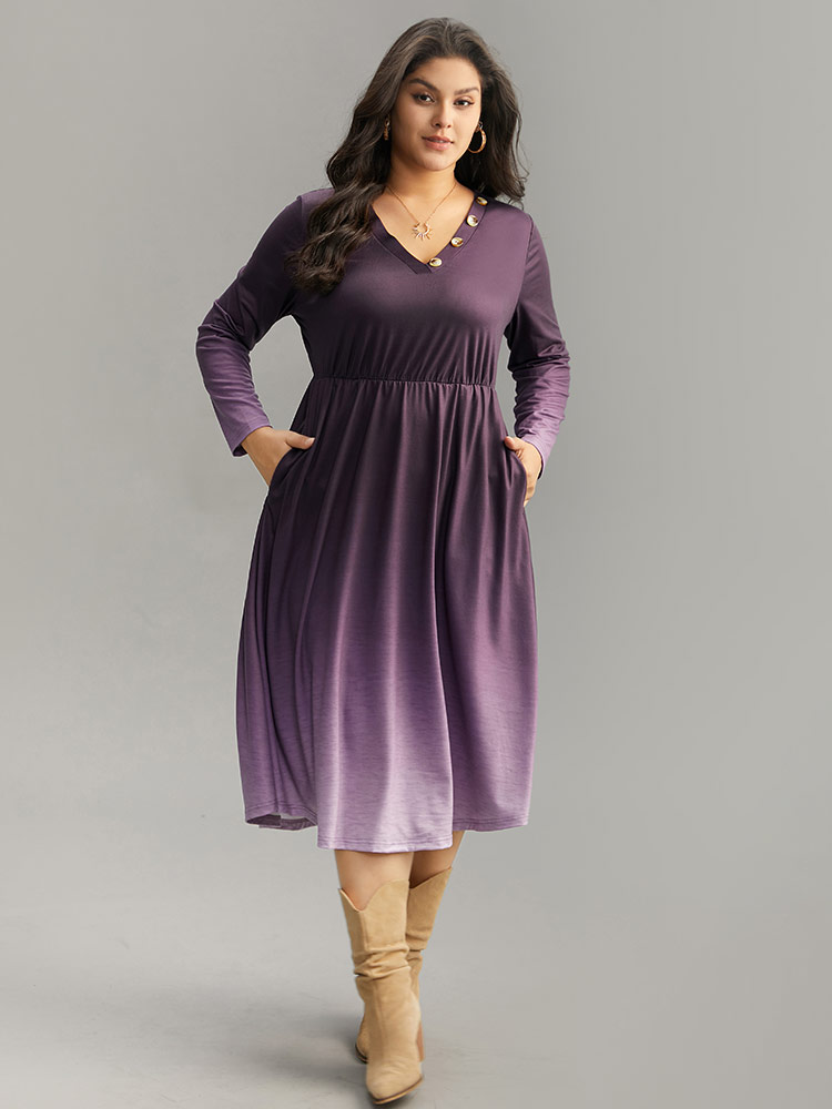 

Plus Size Tie Dye Button Detail Pocket Elastic Waist Dress Purple Women Casual Tie Dye V-neck Long Sleeve Curvy Midi Dress BloomChic