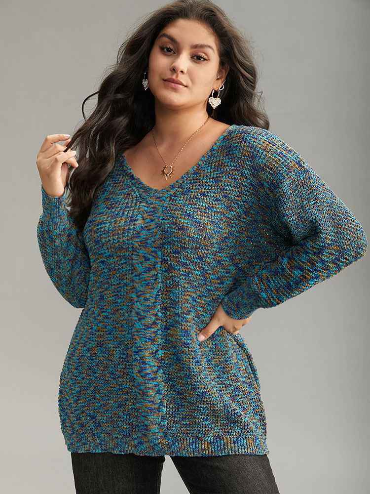 

Plus Size Heather Contrast V Neck Drop Shoulder Pullover Multicolor Women Casual Loose Long Sleeve V-neck Dailywear Pullovers BloomChic