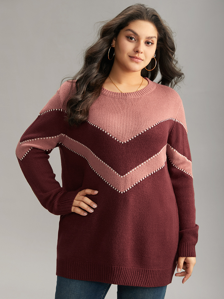 

Plus Size Colorblock Contrast Round Neck Pullover Burgundy Women Casual Loose Long Sleeve Round Neck Dailywear Pullovers BloomChic