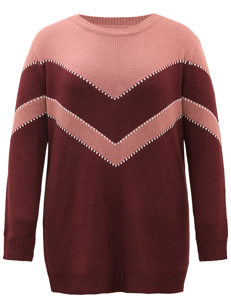 

Plus Size Colorblock Contrast Round Neck Pullover Burgundy Women Casual Loose Long Sleeve Round Neck Dailywear Pullovers BloomChic