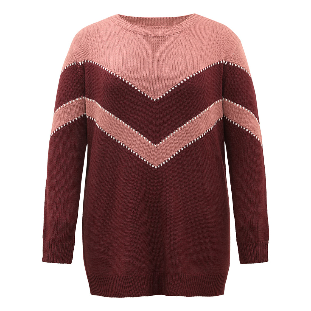

Plus Size Colorblock Contrast Round Neck Pullover Burgundy Women Casual Loose Long Sleeve Round Neck Dailywear Pullovers BloomChic