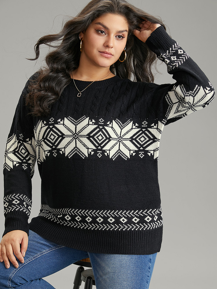 

Plus Size Geometric Jacquard Cable Knit Pullover Black Women Casual Loose Long Sleeve Round Neck Dailywear Pullovers BloomChic