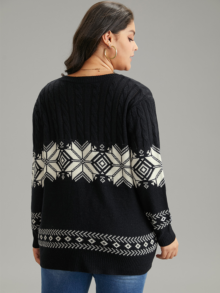 

Plus Size Geometric Jacquard Cable Knit Pullover Black Women Casual Loose Long Sleeve Round Neck Dailywear Pullovers BloomChic