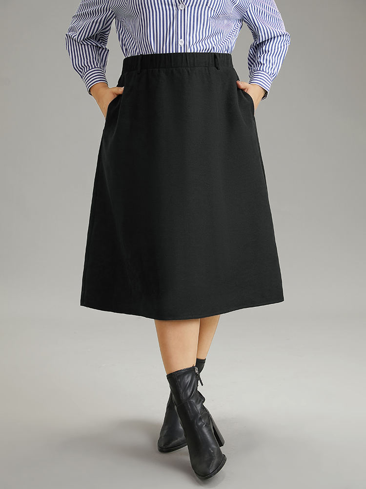 

Plus Size Plain Pocket Elastic Waist A-line Skirt Women Black Office A-line No stretch Pocket Work Skirts BloomChic