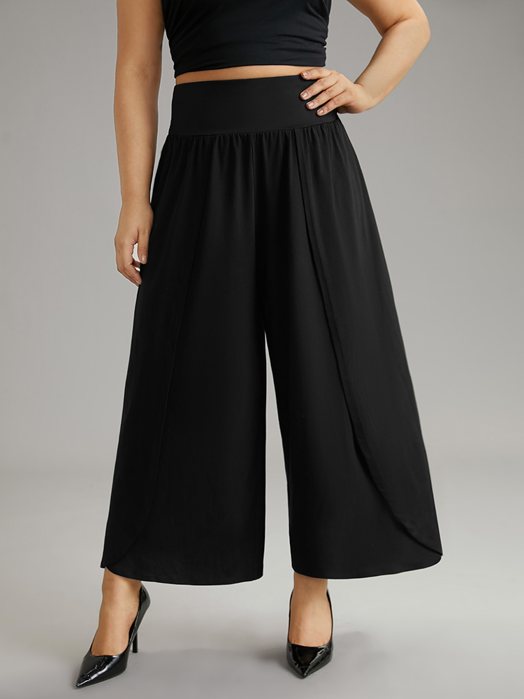 

Plus Size Plain Wrap Hem Wideband Waist Wide Leg Pants Women Black Casual Wide Leg High Rise Dailywear Pants BloomChic