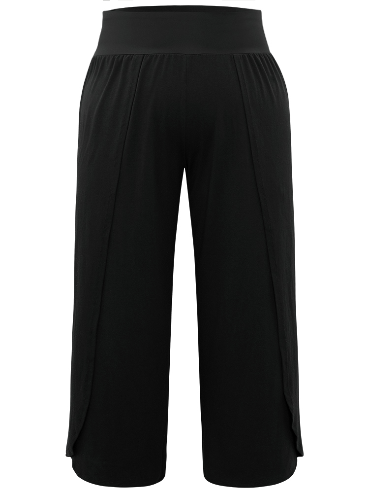 

Plus Size Plain Wrap Hem Wideband Waist Wide Leg Pants Women Black Casual Wide Leg High Rise Dailywear Pants BloomChic