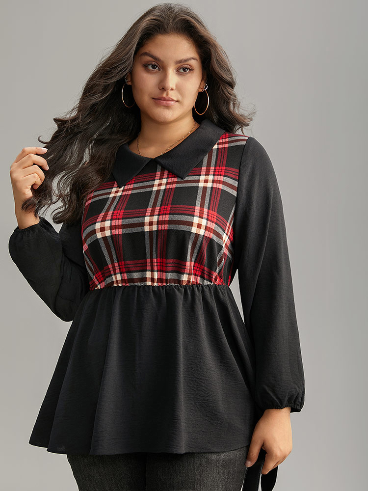 

Plus Size Black Plaid Patchwork Lapel Collar Lantern Sleeve Blouse Women Office Long Sleeve Lapel Collar Work Blouses BloomChic