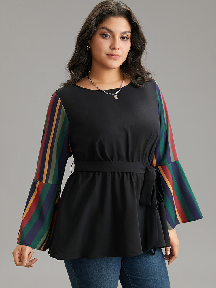 

Plus Size Black Striped Patchwork Belted Bell Sleeve Blouse Women Vacation Long Sleeve Round Neck Vacation Blouses BloomChic