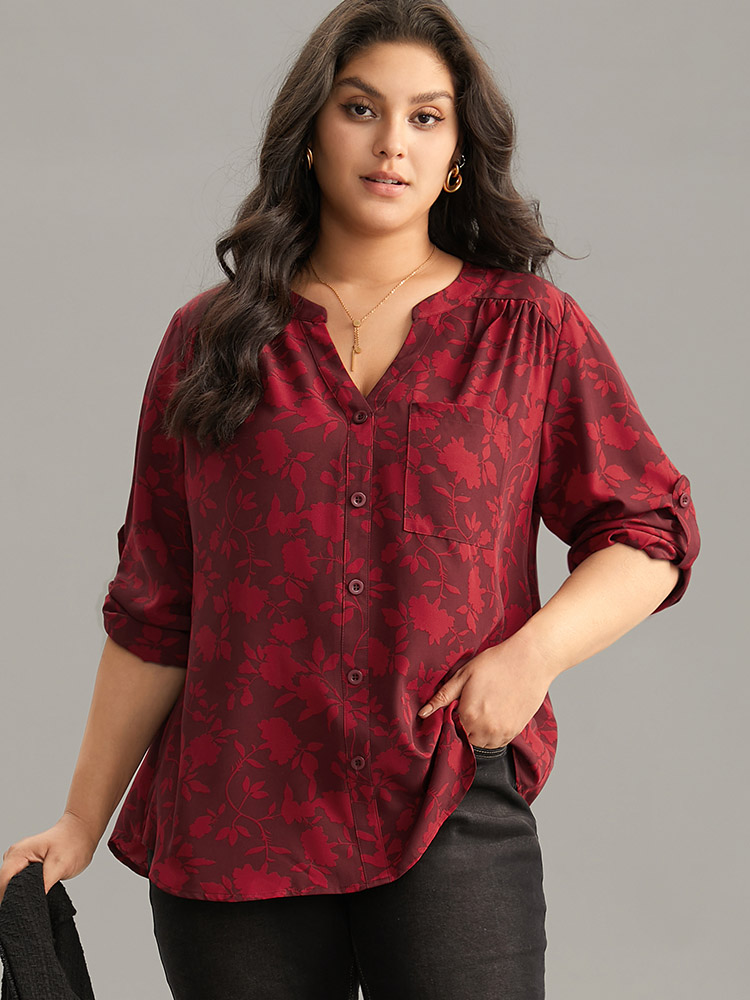 

Plus Size Scarlet Silhouette Floral Print Gathered Tab Sleeve Blouse Women Elegant Long Sleeve Notched collar Party Blouses BloomChic