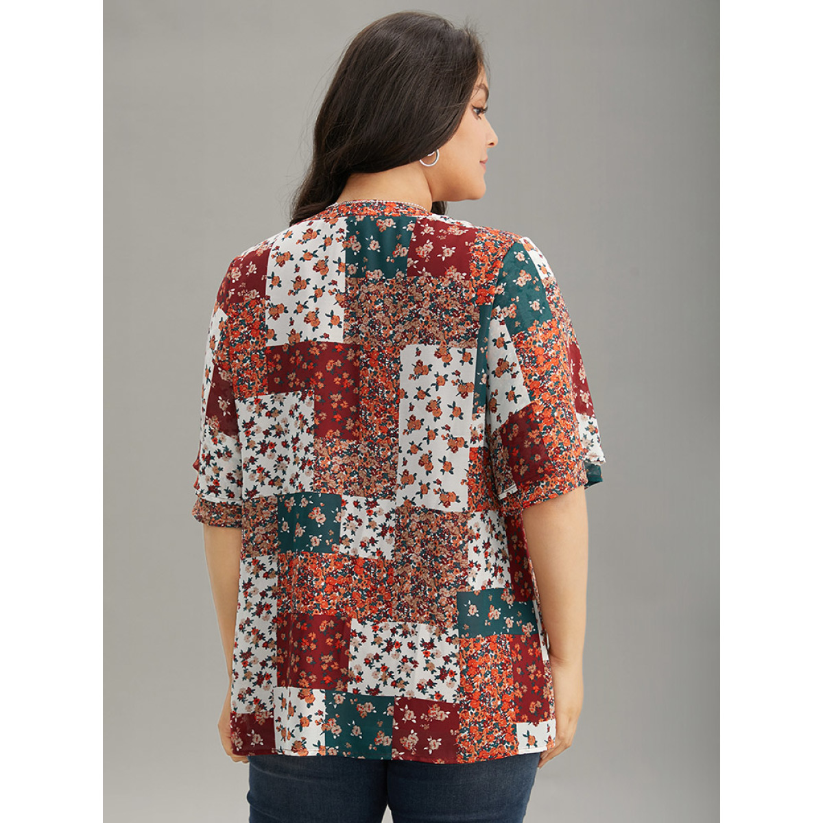 

Plus Size Scarlet Ditsy Floral Colorblock Contrast Notched Blouse Women Vacation Short sleeve Notched collar Vacation Blouses BloomChic