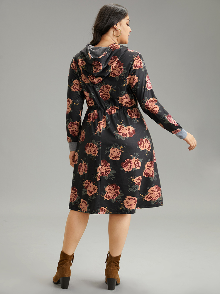 Plus Size Women Everyday Floral Printed Regular Sleeve Long Sleeve Hooded Pocket Casual Dresses BloomChic 
