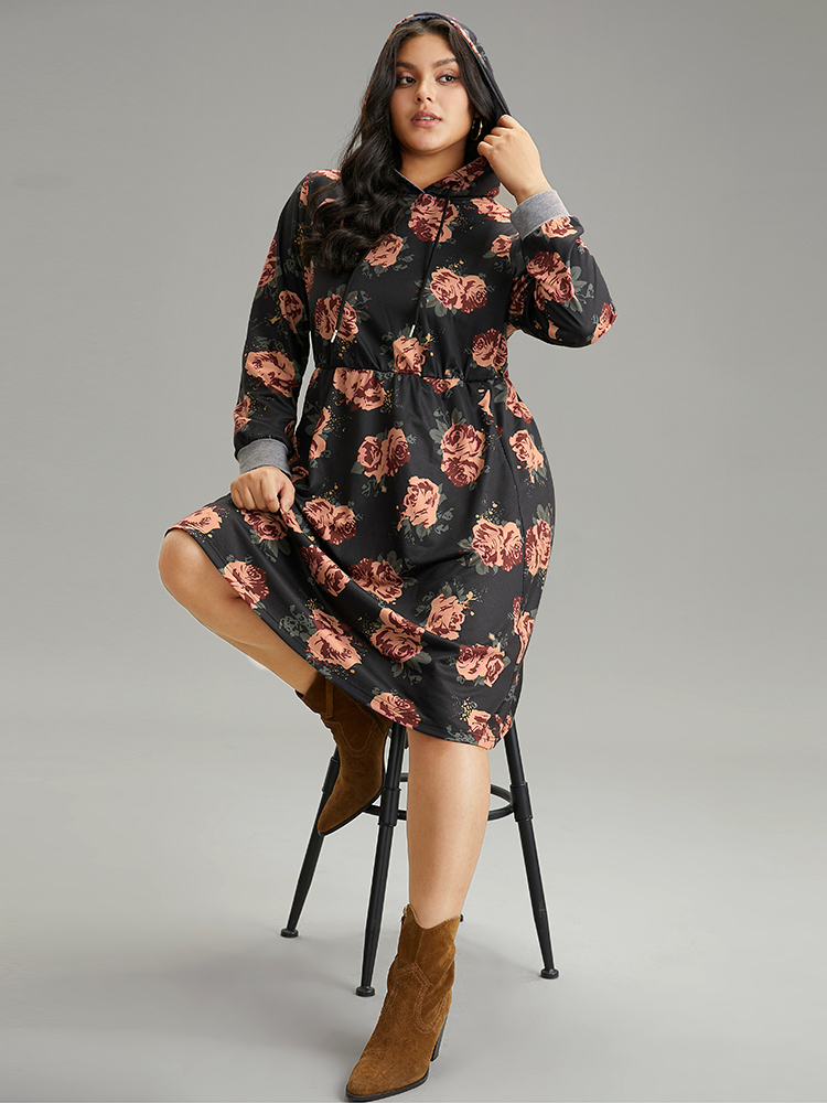 Plus Size Women Everyday Floral Printed Regular Sleeve Long Sleeve Hooded Pocket Casual Dresses BloomChic 