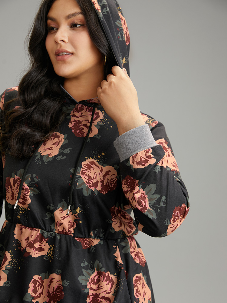 Plus Size Women Everyday Floral Printed Regular Sleeve Long Sleeve Hooded Pocket Casual Dresses BloomChic 