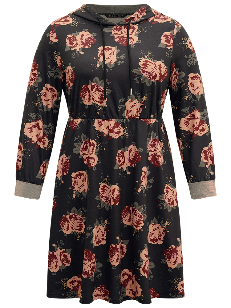 Plus Size Women Everyday Floral Printed Regular Sleeve Long Sleeve Hooded Pocket Casual Dresses BloomChic 