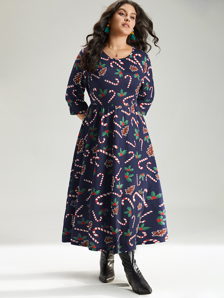 

Plus Size Christmas Print Pocket Elastic Waist Dress DarkBlue Women Casual Printed Round Neck Long Sleeve Curvy Midi Dress BloomChic