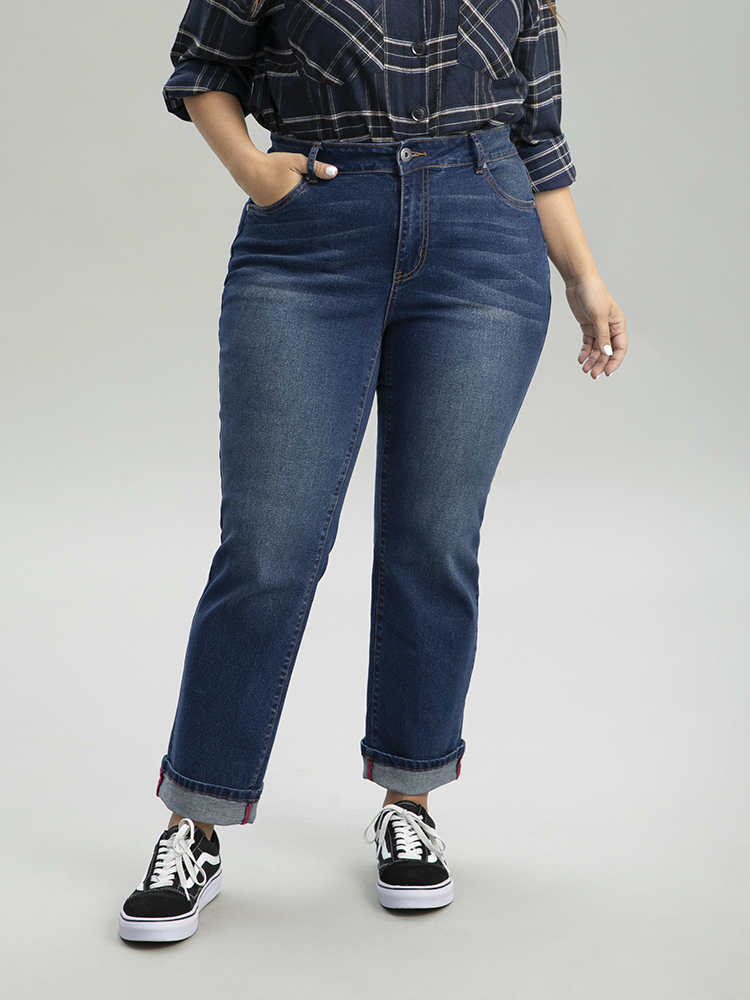 

Plus Size Straight Leg Zipper Roll Hem Dark Wash Jeans Women DarkBlue Casual Plain Plain High stretch Pocket Jeans BloomChic