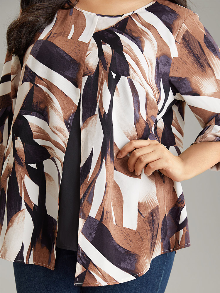

Plus Size DarkBrown Geometric Print 2-In-1 Split Round Neck Blouse Women Vacation Long Sleeve Round Neck Vacation Blouses BloomChic