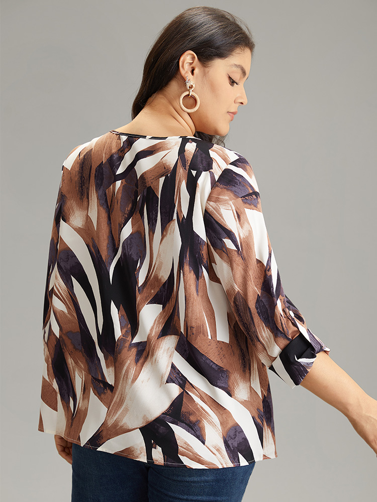 Plus Size DarkBrown Geometric Print 2-In-1 Split Round Neck Blouse Women Vacation Long Sleeve Round Neck Vacation Blouses BloomChic 18-20/2X 