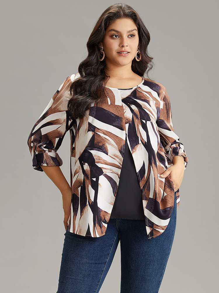 Plus Size DarkBrown Geometric Print 2-In-1 Split Round Neck Blouse Women Vacation Long Sleeve Round Neck Vacation Blouses BloomChic 18-20/2X 