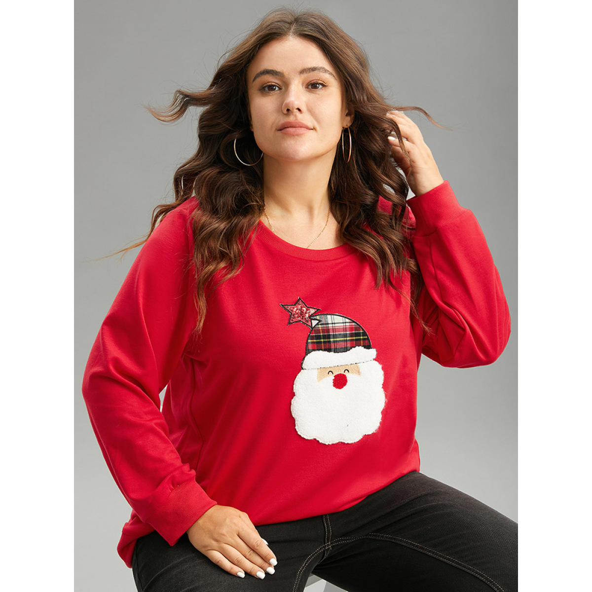 

Plus Size Santa Claus Graphic Split Detail Sweatshirt Women Red Casual Rib Knit Round Neck Festival-Christmas Sweatshirts BloomChic