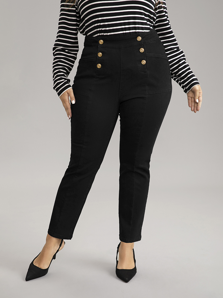 Plus Size High Stretch Skinny Metal Detail Jeans Women Black Casual Plain Plain High stretch Pocket Jeans BloomChic 12/L 
