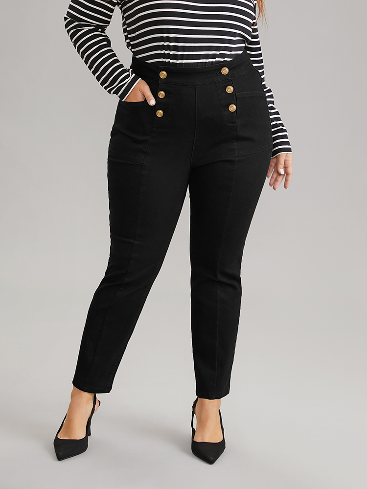 Plus Size High Stretch Skinny Metal Detail Jeans Women Black Casual Plain Plain High stretch Pocket Jeans BloomChic 12/L 
