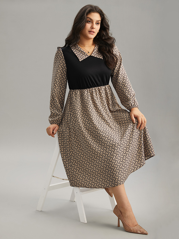 

Plus Size Geometric Patchwork Lapel Collar Lantern Sleeve Dress Tan Women Office Elastic cuffs Lapel Collar Long Sleeve Curvy Midi Dress BloomChic