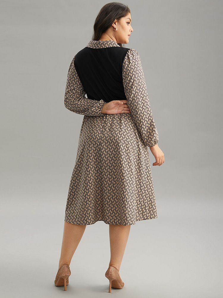 Plus Size Geometric Patchwork Lapel Collar Lantern Sleeve Dress Tan Women Office Elastic cuffs Lapel Collar Long Sleeve Curvy Midi Dress BloomChic 12/L 