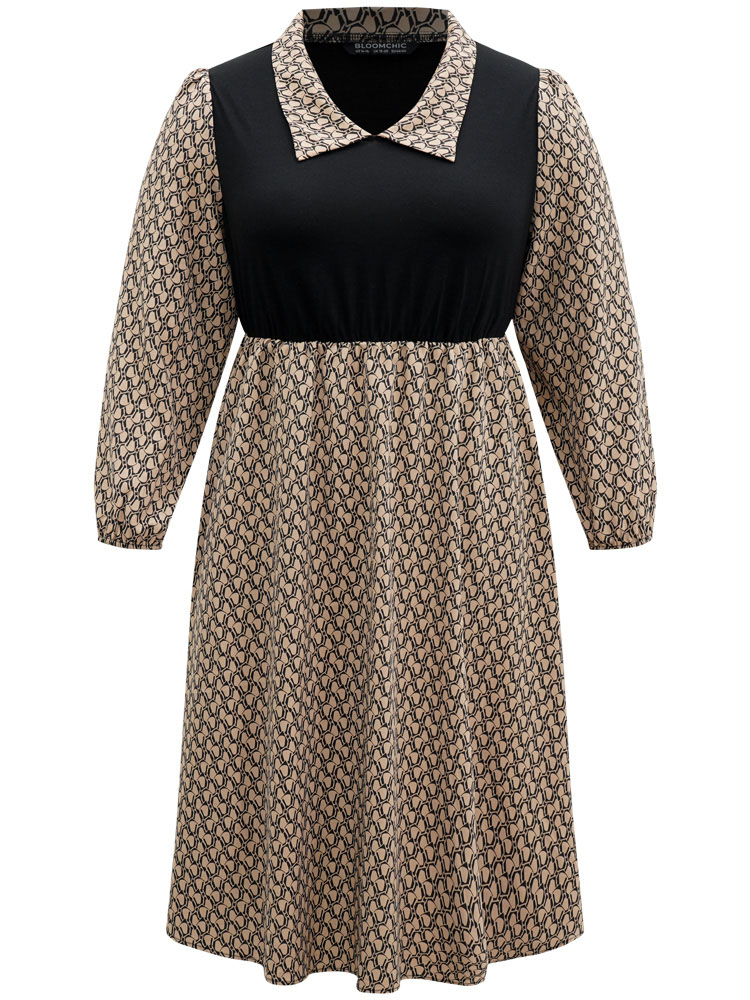 Plus Size Geometric Patchwork Lapel Collar Lantern Sleeve Dress Tan Women Office Elastic cuffs Lapel Collar Long Sleeve Curvy Midi Dress BloomChic 12/L 