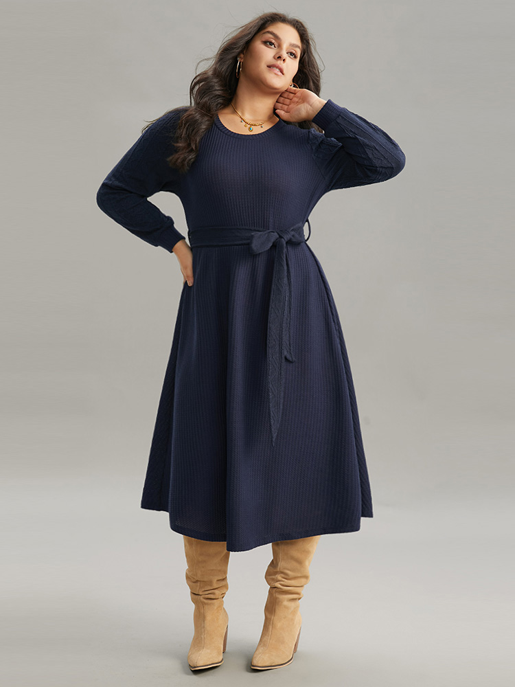 

Plus Size Solid Waffle Knit Round Neck Belted Dress DarkBlue Women Casual Texture Round Neck Long Sleeve Curvy Midi Dress BloomChic