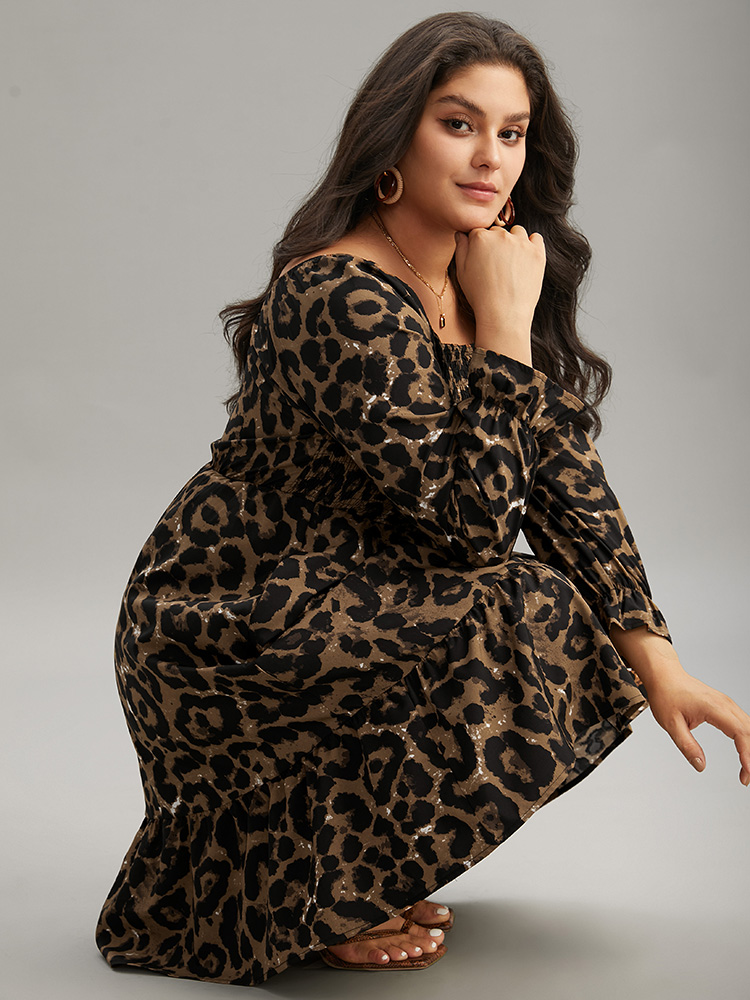 Plus Size Square Neck Leopard Shirred Ruffles Dress Leopard Women Elegant Gathered Square Neck Long Sleeve Curvy Knee Dress BloomChic 30/6X 