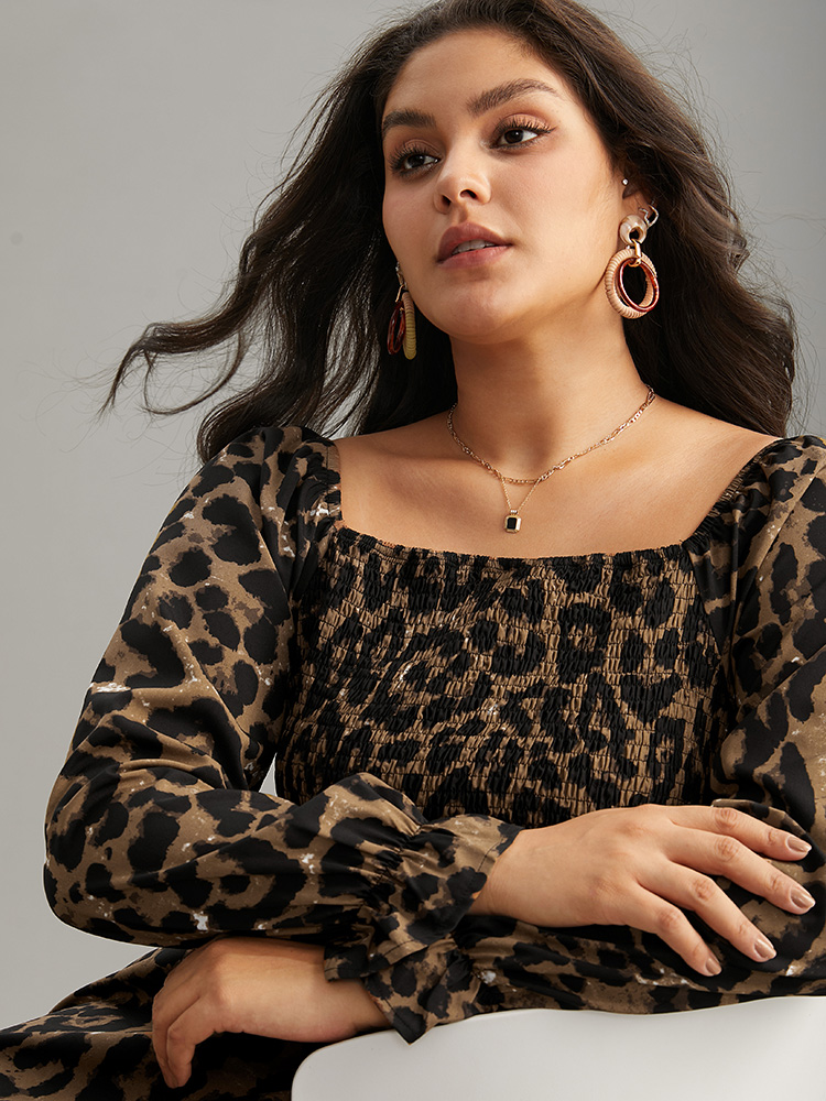 Plus Size Square Neck Leopard Shirred Ruffles Dress Leopard Women Elegant Gathered Square Neck Long Sleeve Curvy Knee Dress BloomChic 30/6X 