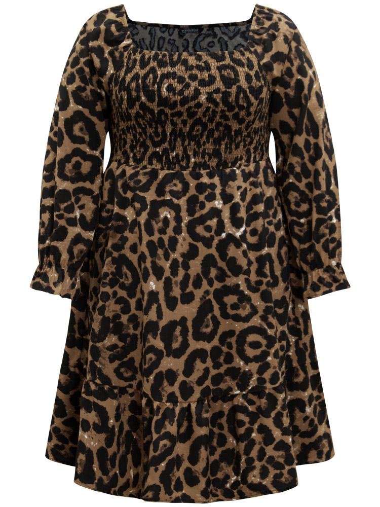 Plus Size Square Neck Leopard Shirred Ruffles Dress Leopard Women Elegant Gathered Square Neck Long Sleeve Curvy Knee Dress BloomChic 30/6X 