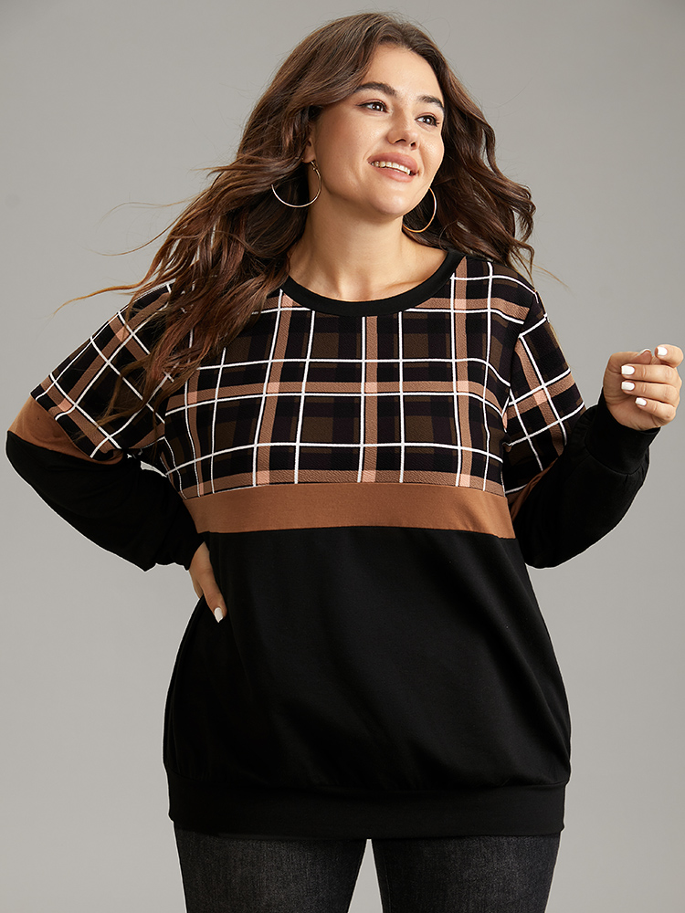 

Plus Size Colorblock Plaid Contrast Crew Neck Sweatshirt Women Black Casual Contrast Round Neck Dailywear Sweatshirts BloomChic