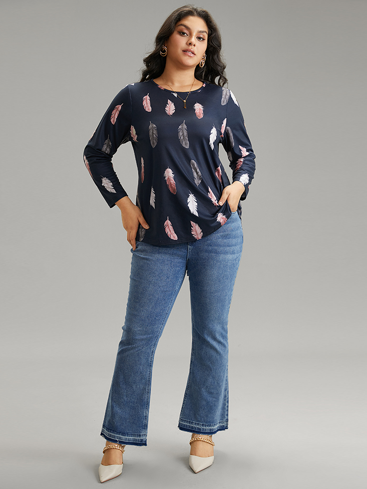 Plus Size Crew Neck Feather Print T-shirt Indigo Women Casual Printed Feather Round Neck Dailywear T-shirts BloomChic 14-16/1X 