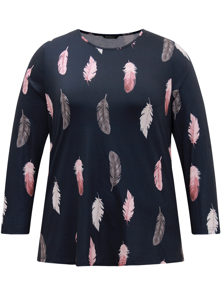 Plus Size Crew Neck Feather Print T-shirt Indigo Women Casual Printed Feather Round Neck Dailywear T-shirts BloomChic 14-16/1X 